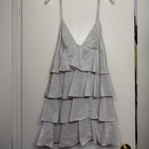 Zara Silver Metallic Tiered Ruffle Mini Dress | Spaghetti Strap | Party -Size M